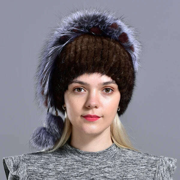 KIMLUD, winter hat mink women knitted fox fur pompom warm cap floral fashionable fluffy elegant female genuine natural fur hats caps, Brown, KIMLUD Womens Clothes