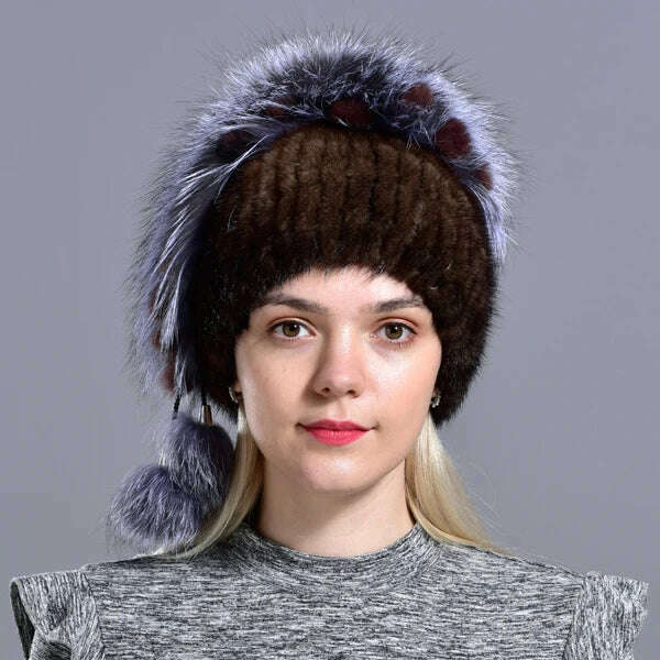 winter hat mink women knitted fox fur pompom warm cap floral fashionable fluffy elegant female genuine natural fur hats caps - KIMLUD
