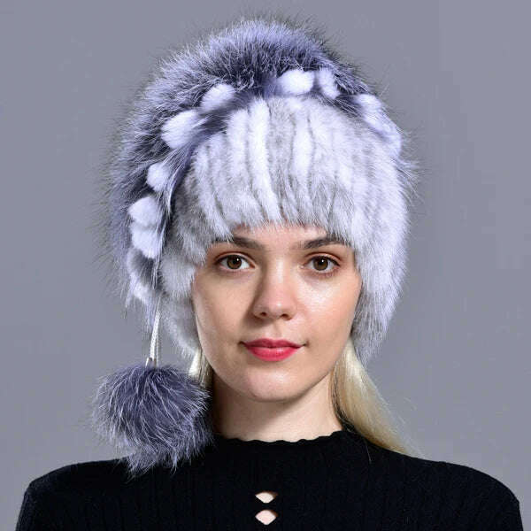 winter hat mink women knitted fox fur pompom warm cap floral fashionable fluffy elegant female genuine natural fur hats caps - KIMLUD