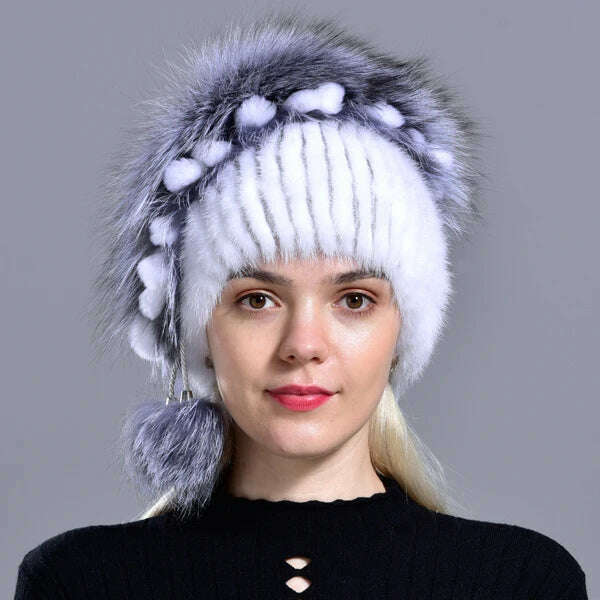 KIMLUD, winter hat mink women knitted fox fur pompom warm cap floral fashionable fluffy elegant female genuine natural fur hats caps, White, KIMLUD Womens Clothes