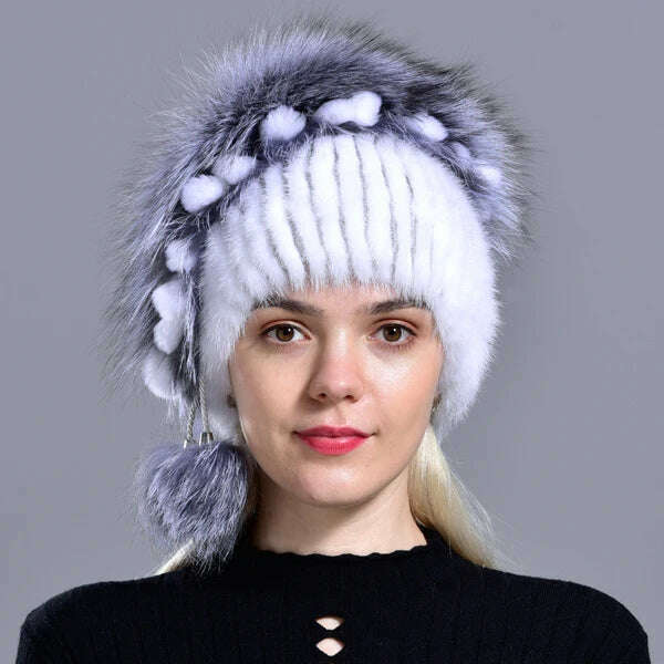 winter hat mink women knitted fox fur pompom warm cap floral fashionable fluffy elegant female genuine natural fur hats caps - KIMLUD