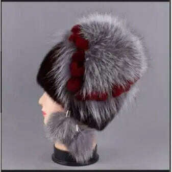 KIMLUD, winter hat mink women knitted fox fur pompom warm cap floral fashionable fluffy elegant female genuine natural fur hats caps, Wine, KIMLUD Womens Clothes