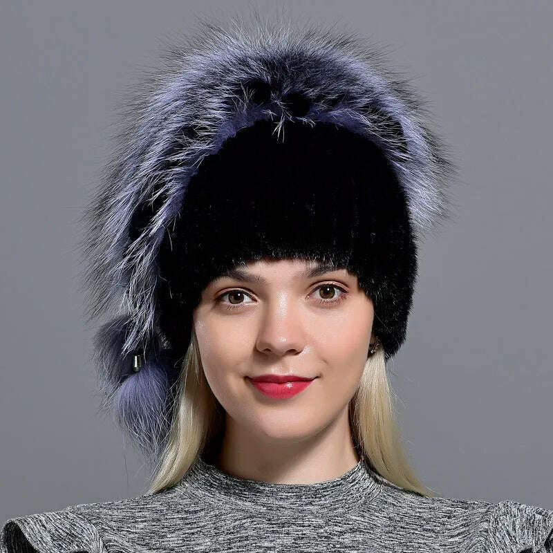 winter hat mink women knitted fox fur pompom warm cap floral fashionable fluffy elegant female genuine natural fur hats caps - KIMLUD