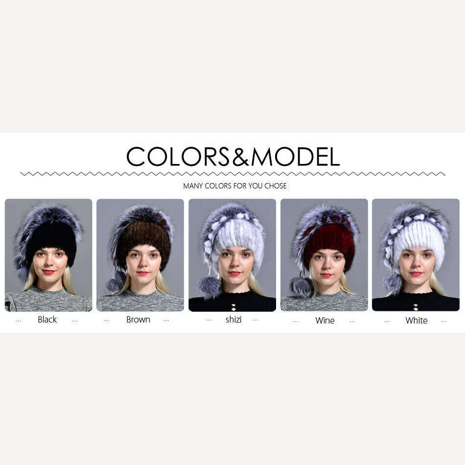 winter hat mink women knitted fox fur pompom warm cap floral fashionable fluffy elegant female genuine natural fur hats caps - KIMLUD
