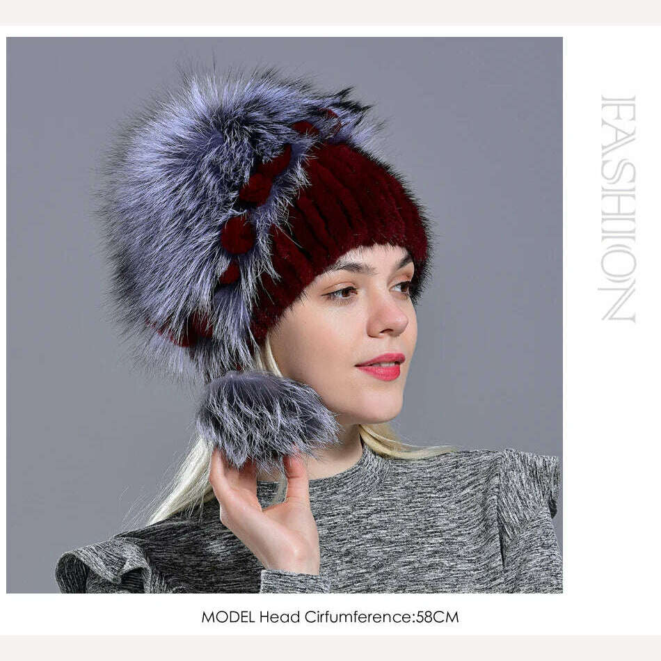 winter hat mink women knitted fox fur pompom warm cap floral fashionable fluffy elegant female genuine natural fur hats caps - KIMLUD