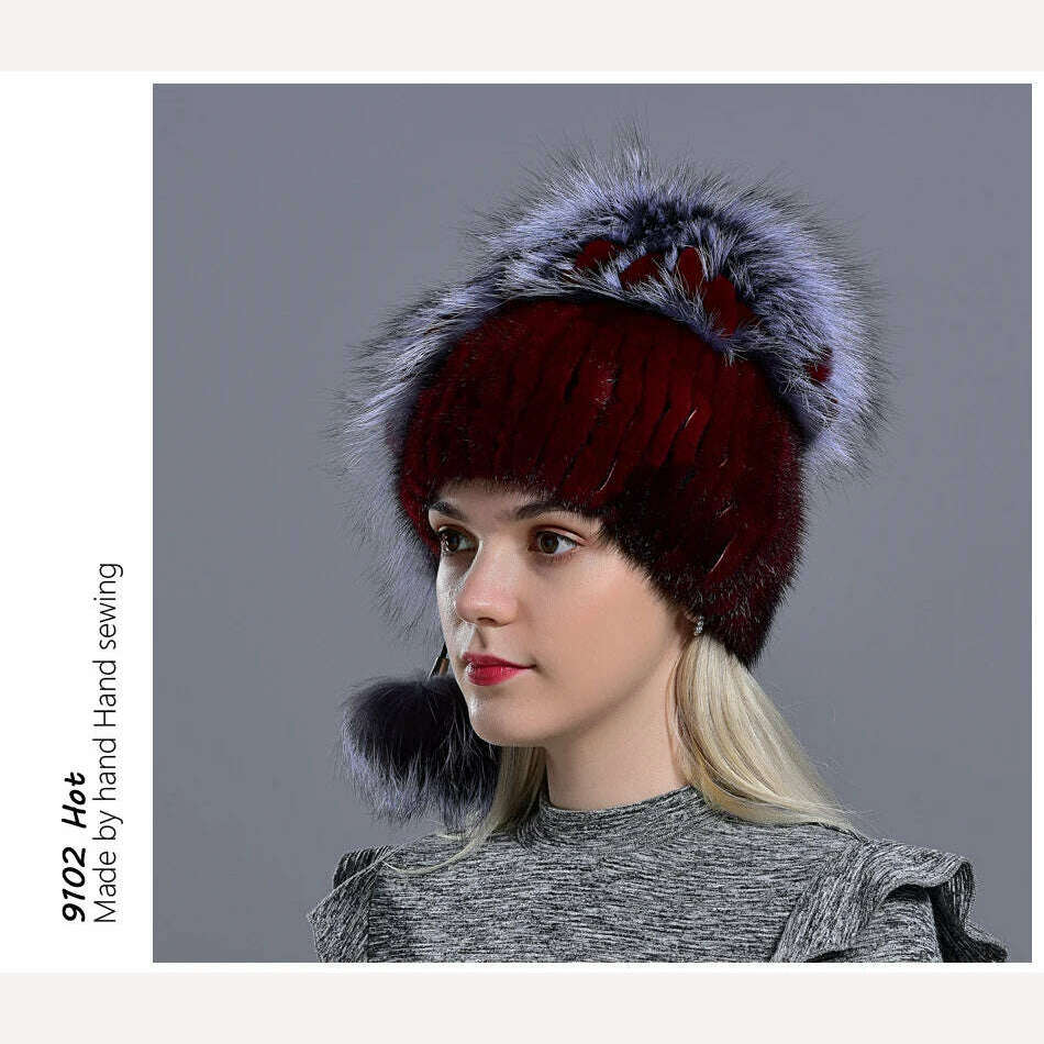 winter hat mink women knitted fox fur pompom warm cap floral fashionable fluffy elegant female genuine natural fur hats caps - KIMLUD