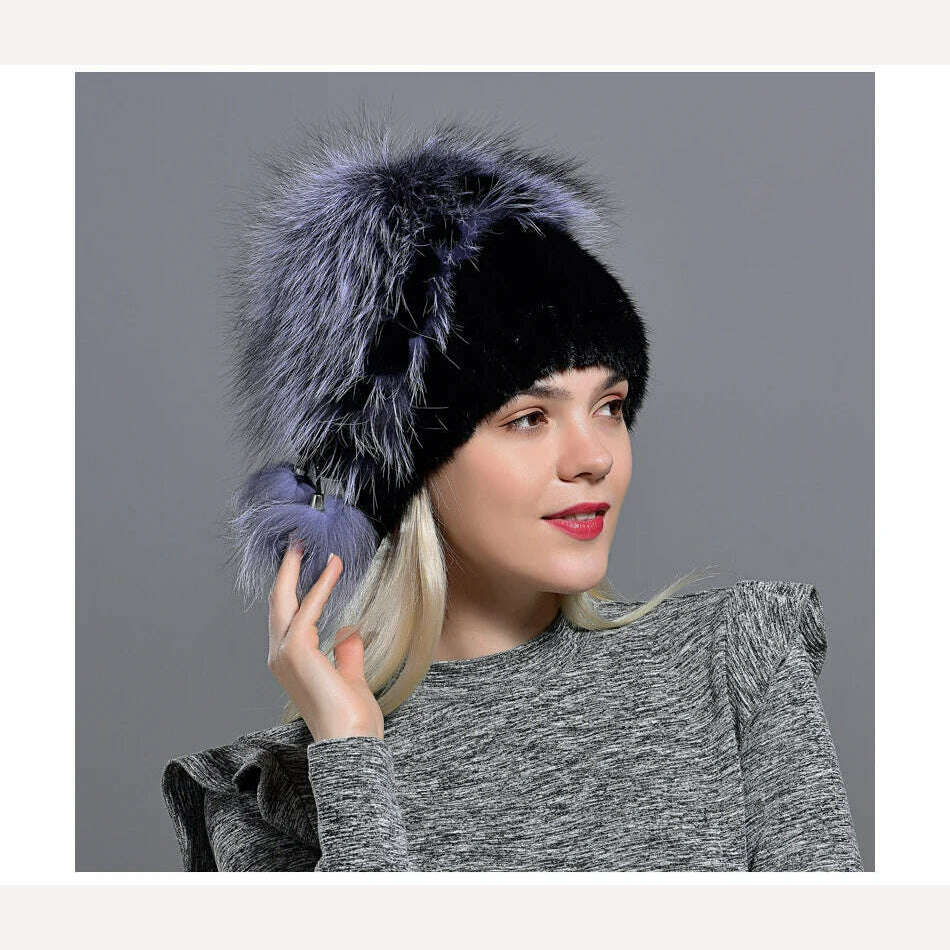 winter hat mink women knitted fox fur pompom warm cap floral fashionable fluffy elegant female genuine natural fur hats caps - KIMLUD