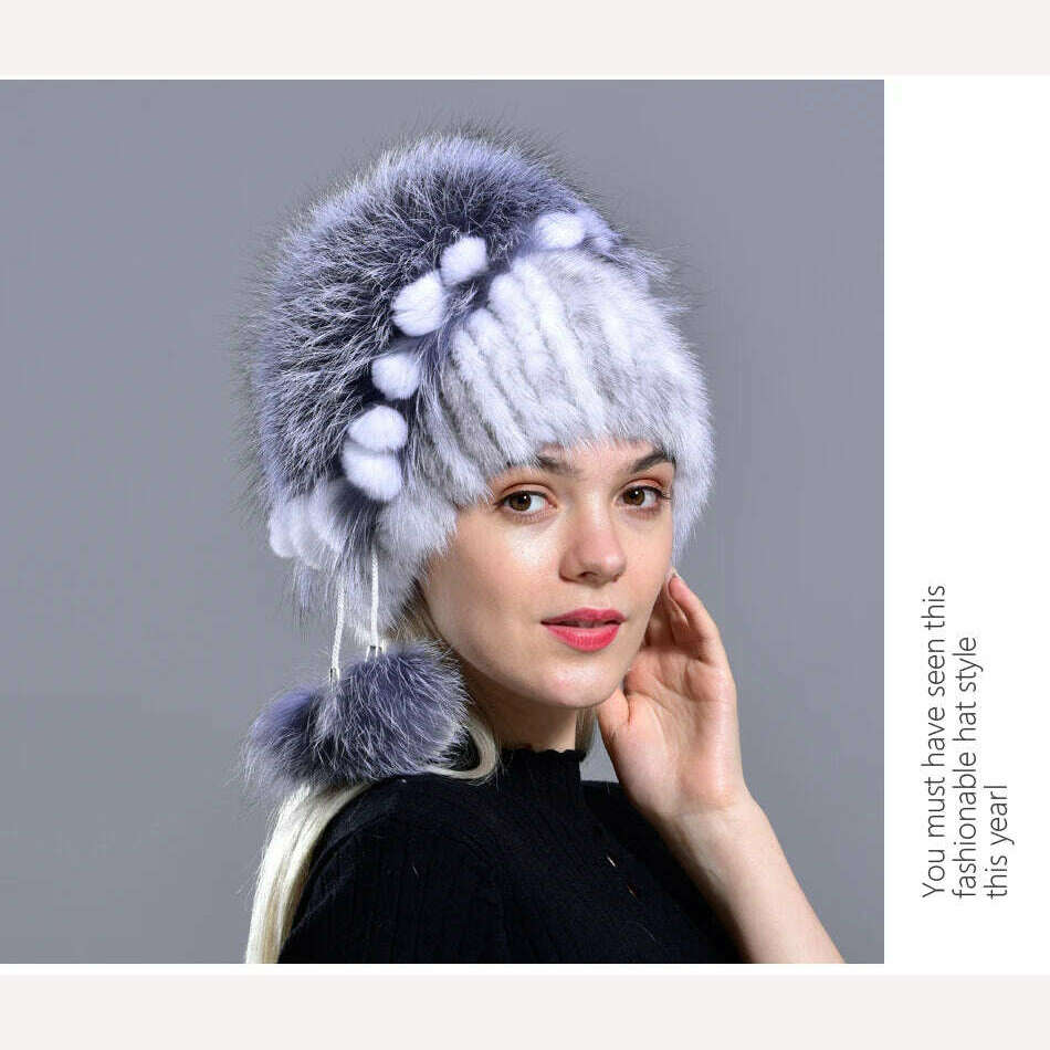 winter hat mink women knitted fox fur pompom warm cap floral fashionable fluffy elegant female genuine natural fur hats caps - KIMLUD