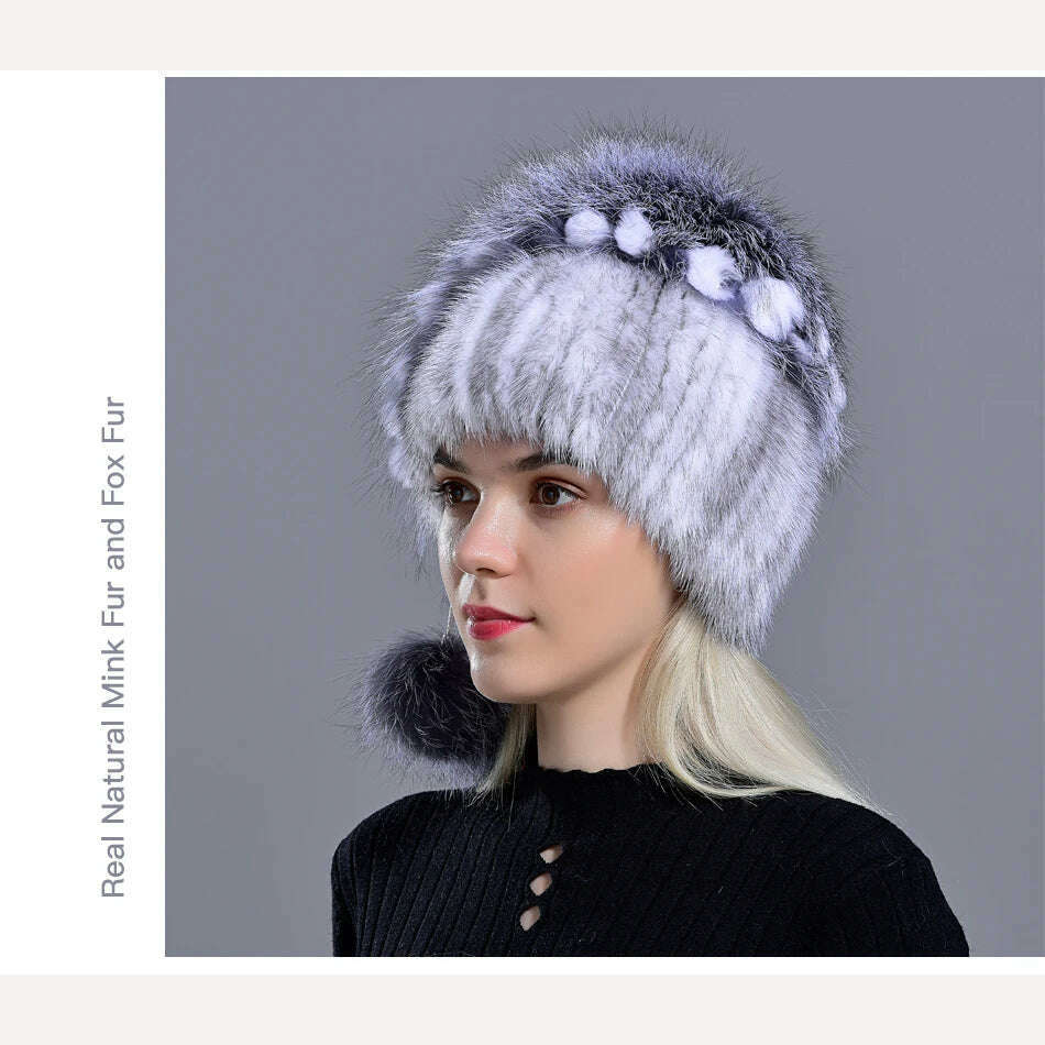 winter hat mink women knitted fox fur pompom warm cap floral fashionable fluffy elegant female genuine natural fur hats caps - KIMLUD