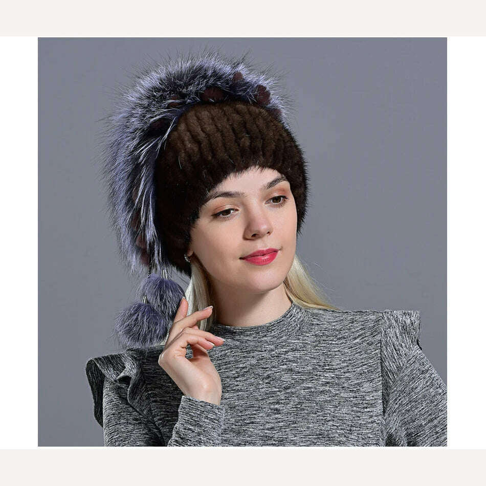 winter hat mink women knitted fox fur pompom warm cap floral fashionable fluffy elegant female genuine natural fur hats caps - KIMLUD