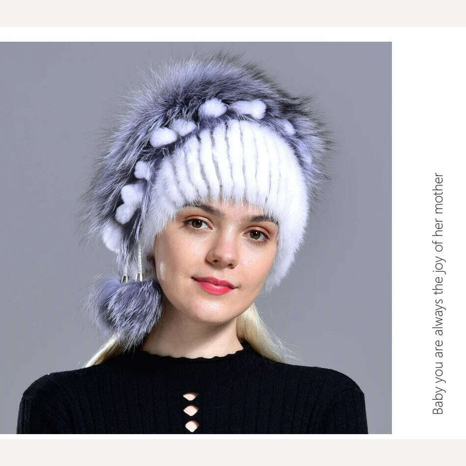 KIMLUD, winter hat mink women knitted fox fur pompom warm cap floral fashionable fluffy elegant female genuine natural fur hats caps, KIMLUD Womens Clothes