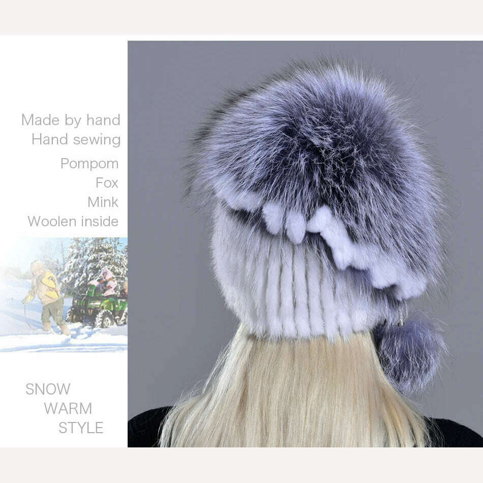 winter hat mink women knitted fox fur pompom warm cap floral fashionable fluffy elegant female genuine natural fur hats caps - KIMLUD