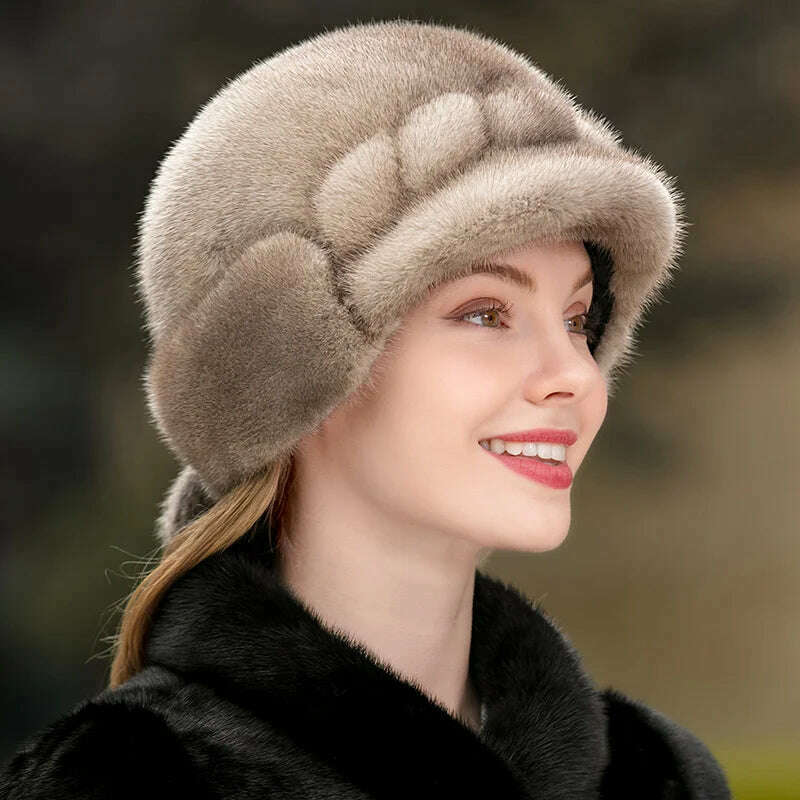 KIMLUD, Winter Hat Women Russian Mink Fur Hat Women Outdoor Winter Hat Earmuff Ski Cap Winter Hat Woman Keep Warm Ladies Fur Hat, KIMLUD Women's Clothes