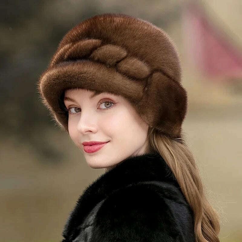 KIMLUD, Winter Hat Women Russian Mink Fur Hat Women Outdoor Winter Hat Earmuff Ski Cap Winter Hat Woman Keep Warm Ladies Fur Hat, KIMLUD Womens Clothes