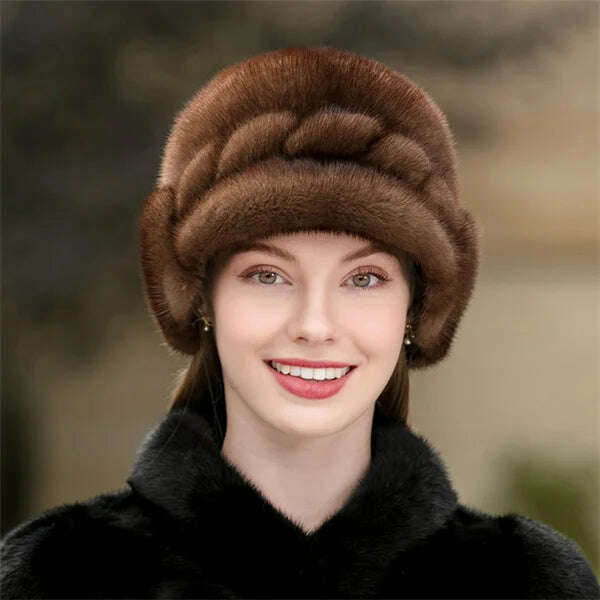 KIMLUD, Winter Hat Women Russian Mink Fur Hat Women Outdoor Winter Hat Earmuff Ski Cap Winter Hat Woman Keep Warm Ladies Fur Hat, coffee / 54-56 / CHINA | >8Y, KIMLUD Womens Clothes