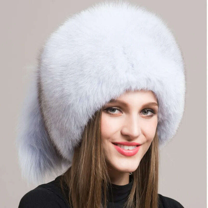 KIMLUD, Winter Hats For Women Natural  Fur Hats With Earmuff Outdoor Skiing Caps Ladies Thicken Fluffy Fur Caps Silver Fox Fur Hat, KIMLUD Women's Clothes