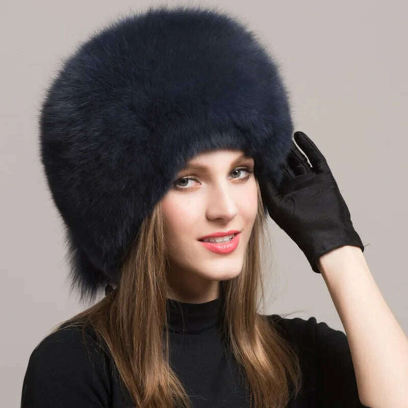 KIMLUD, Winter Hats For Women Natural  Fur Hats With Earmuff Outdoor Skiing Caps Ladies Thicken Fluffy Fur Caps Silver Fox Fur Hat, KIMLUD Women's Clothes