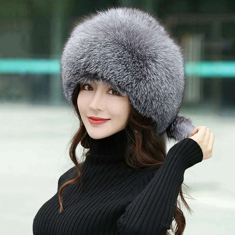 KIMLUD, Winter Hats Woman 100% Natural Fox Fur Hat Women Cap Thick Fur Cap Winter Warm Hat Female Fashion For Women Real Fox Fur Hat, KIMLUD Womens Clothes