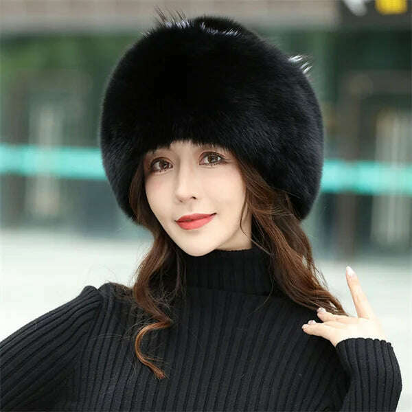 KIMLUD, Winter Hats Woman 100% Natural Fox Fur Hat Women Cap Thick Fur Cap Winter Warm Hat Female Fashion For Women Real Fox Fur Hat, Black Hat / M(54-57cm), KIMLUD Women's Clothes