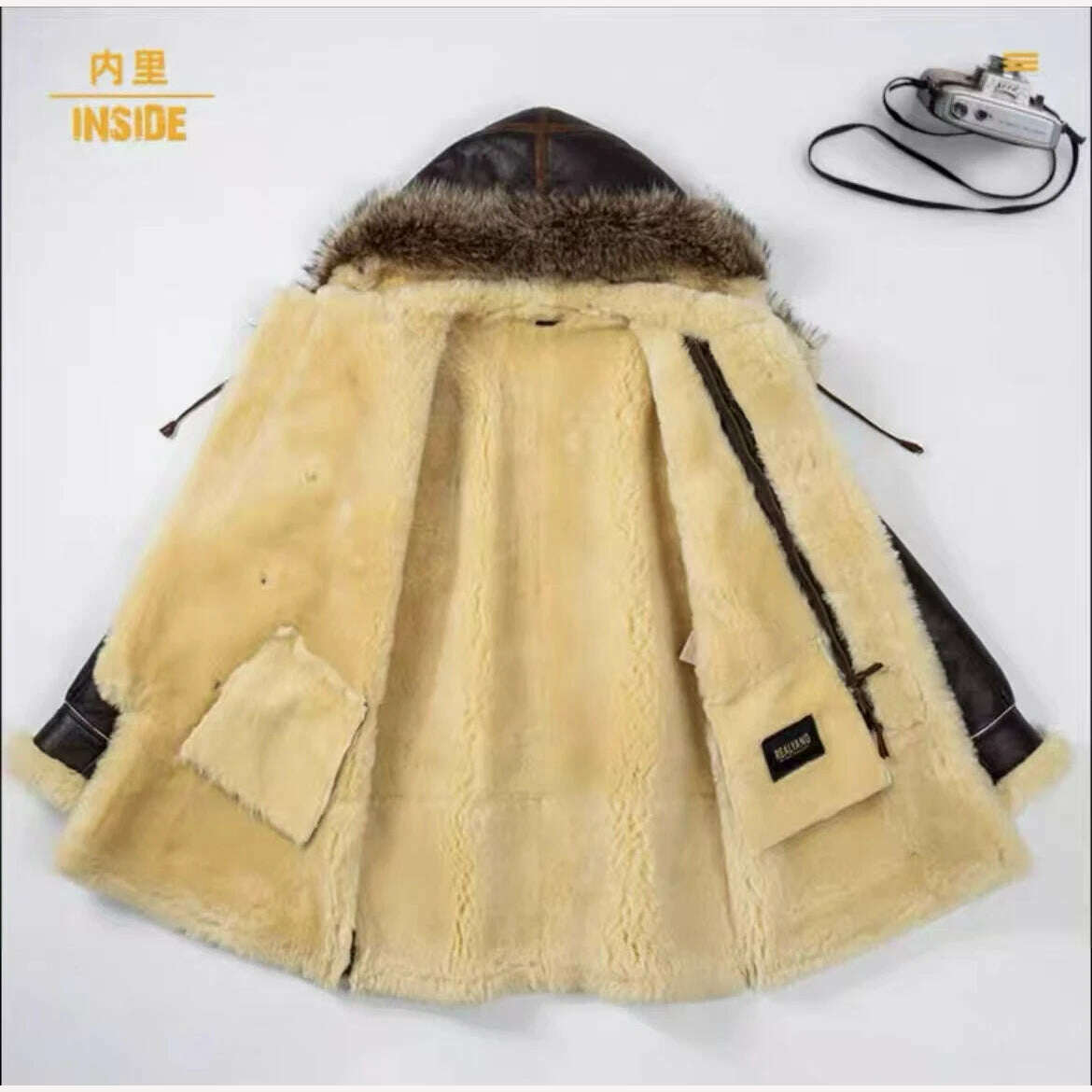 KIMLUD, Winter High Quality Thick Pilot B7 Bomber Sheepskin Jacket Plus Size Shearling Wool Original Hooded Fur Genuine Leather Coats, KIMLUD Women's Clothes
