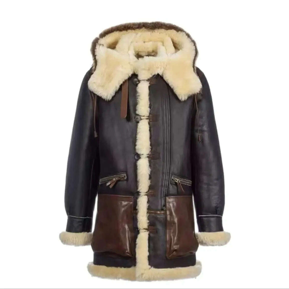 KIMLUD, Winter High Quality Thick Pilot B7 Bomber Sheepskin Jacket Plus Size Shearling Wool Original Hooded Fur Genuine Leather Coats, Brown / S(chest 108cm) / Pack of 1 | CHINA, KIMLUD Women's Clothes