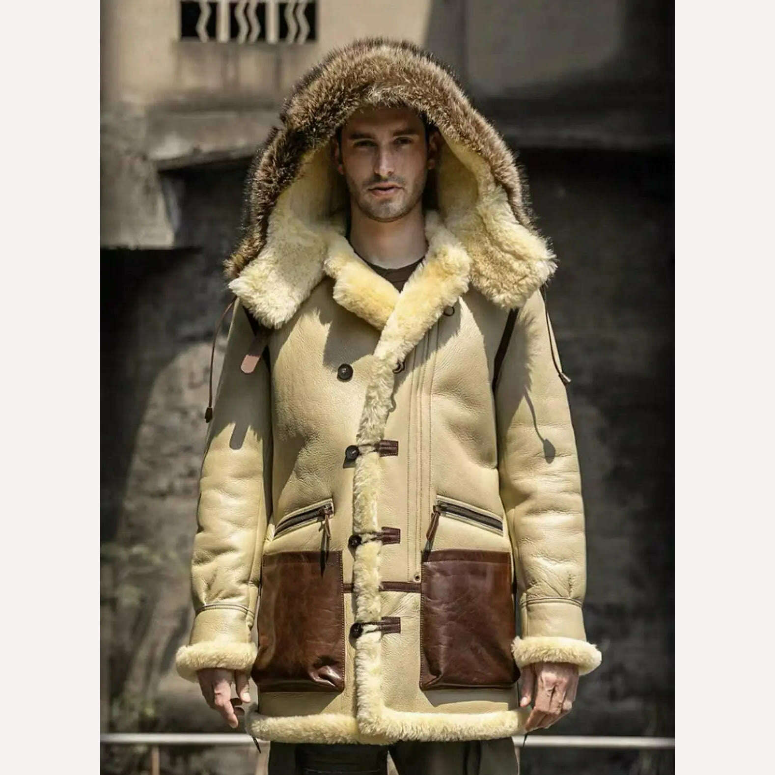 KIMLUD, Winter High Quality Thick Pilot B7 Bomber Sheepskin Jacket Plus Size Shearling Wool Original Hooded Fur Genuine Leather Coats, KIMLUD Womens Clothes