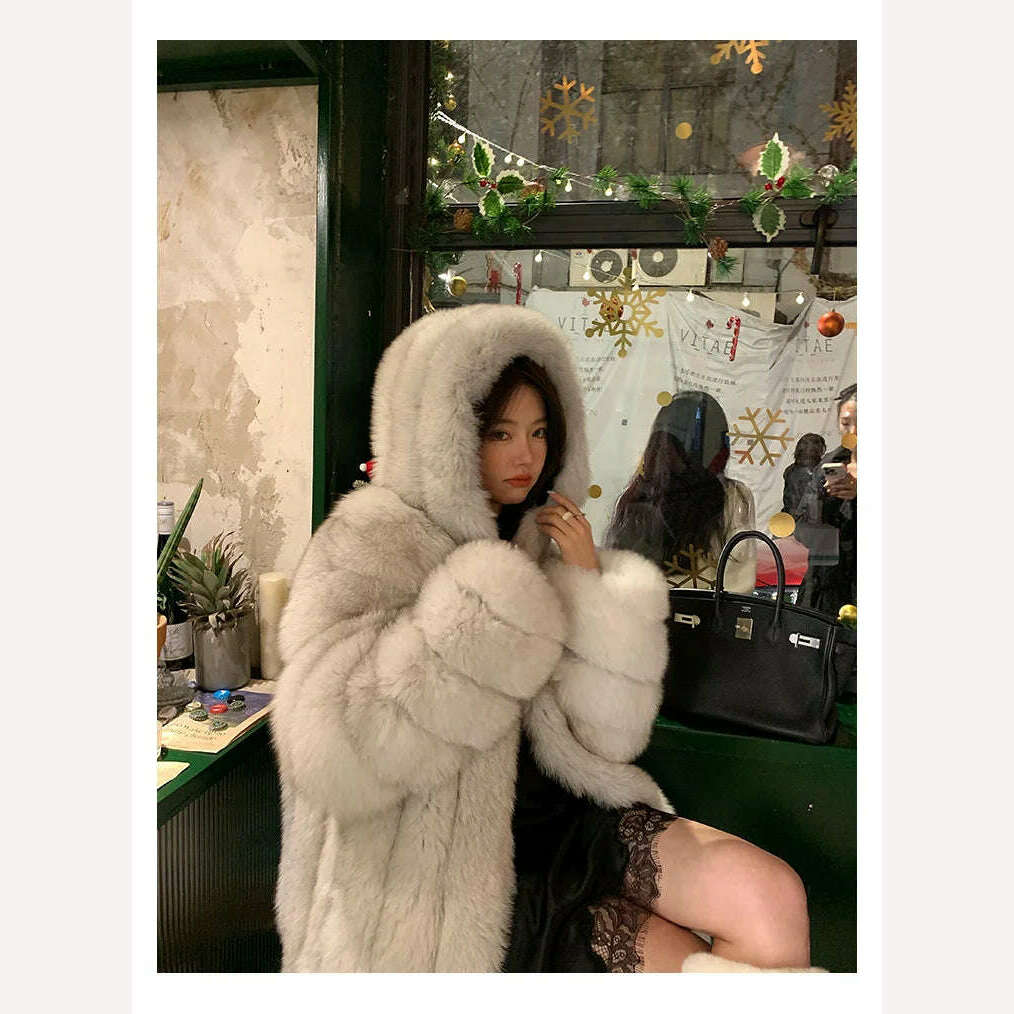 KIMLUD, Winter Hooded Fox Fur Long Coat For Women Luxury White Real Fur Coat With Hood Plus Size Jacket With Natural Fur Female, WHITE / S, KIMLUD Women's Clothes