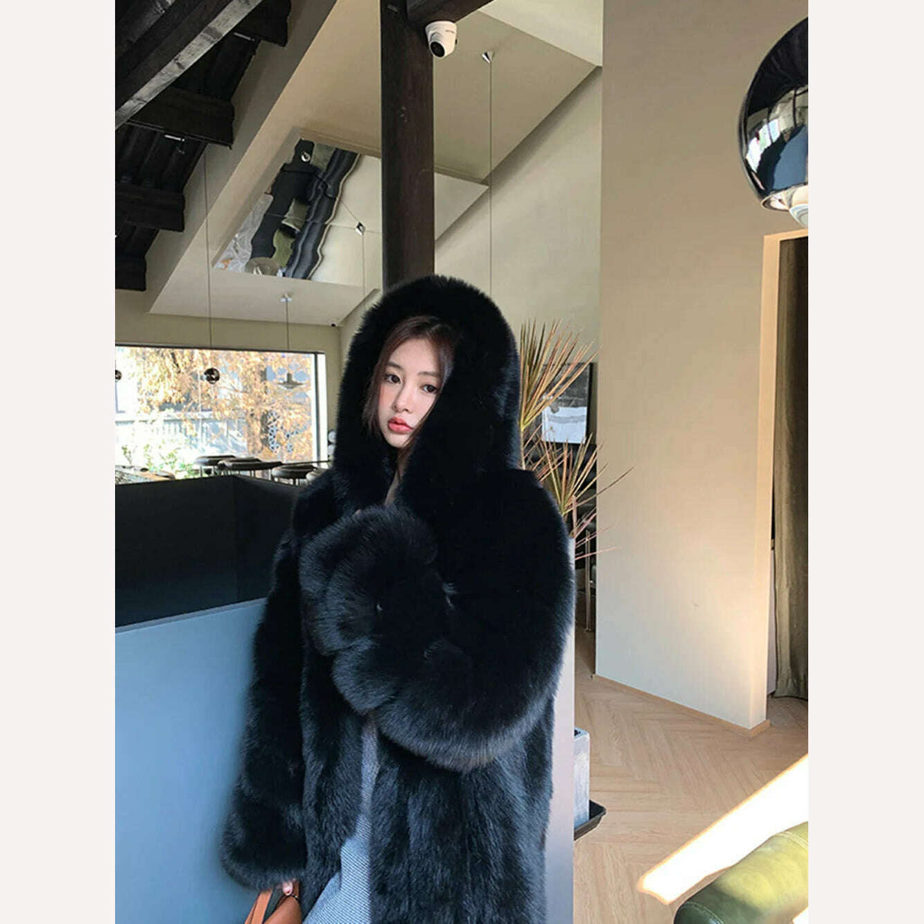 KIMLUD, Winter Hooded Fox Fur Long Coat For Women Luxury White Real Fur Coat With Hood Plus Size Jacket With Natural Fur Female, black / S, KIMLUD Women's Clothes