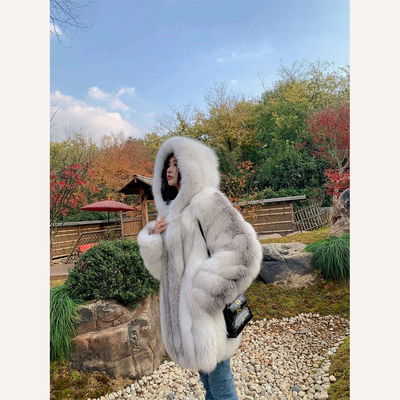 KIMLUD, Winter Hooded Fox Fur Long Coat For Women Luxury White Real Fur Coat With Hood Plus Size Jacket With Natural Fur Female, Mixed Color / S, KIMLUD Womens Clothes