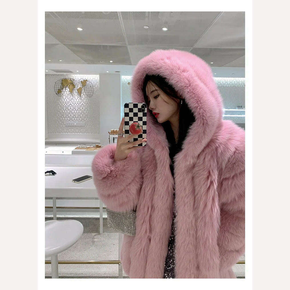 KIMLUD, Winter Hooded Fox Fur Long Coat For Women Luxury White Real Fur Coat With Hood Plus Size Jacket With Natural Fur Female, KIMLUD Women's Clothes