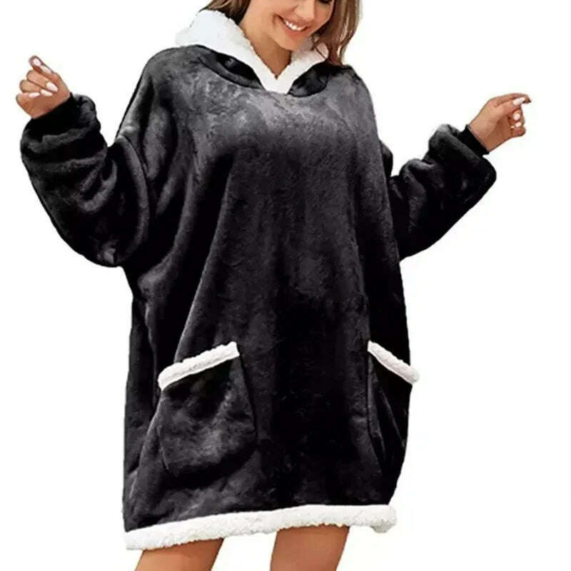 KIMLUD, Winter Hoodies Sweatshirt Women Men Pullover Fleece Giant TV Oversized Blanket with Long Flannel Sleeves, Black / One Size, KIMLUD Women's Clothes