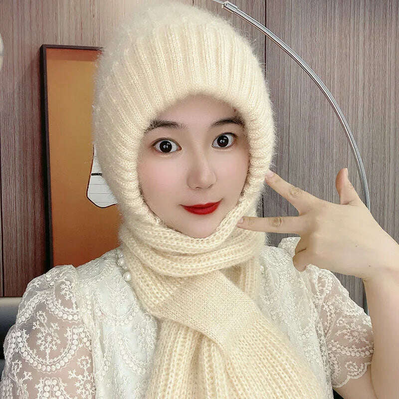 Winter Knitted Skullies Hat Scarf Set Cold Proof Ear Protection Scarf Warm Girls Beanies Cycling Windproof Ladies Outdoor Caps, Creamy-white, KIMLUD Women's Clothes