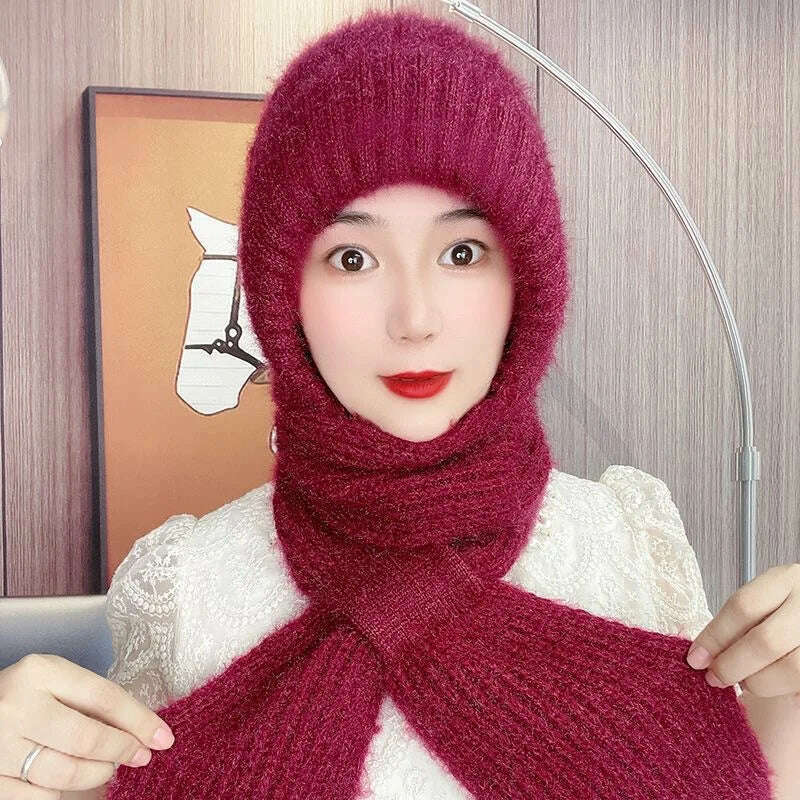 Winter Knitted Skullies Hat Scarf Set Cold Proof Ear Protection Scarf Warm Girls Beanies Cycling Windproof Ladies Outdoor Caps, Burgundy, KIMLUD Women's Clothes