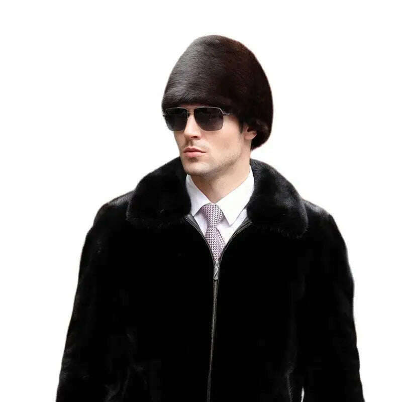 Winter Men Fur Cap Genuine Natural Mink Fur Hat Headgear Russian Outdoor Man mink Fur Beanies Cap Men Warm Fashion Bomber Hat, KIMLUD Women's Clothes