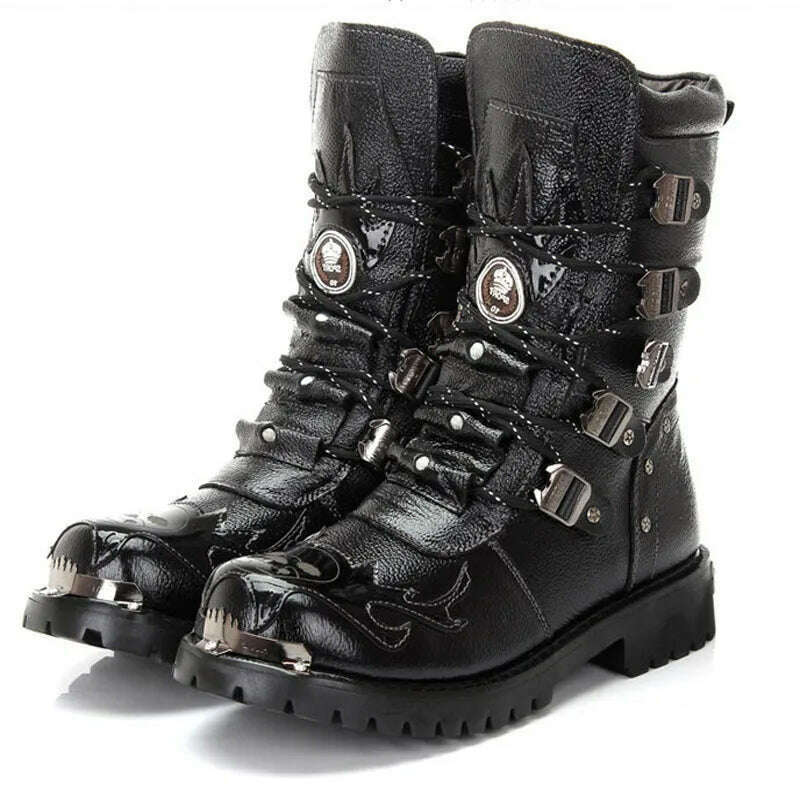 KIMLUD, Winter Men Motorcycle Boots New Fashion Mid-Calf Punk Rock Punk Shoes Mens Genuine Leather Black High Top Mens Casual Boot 38-46, KIMLUD Womens Clothes