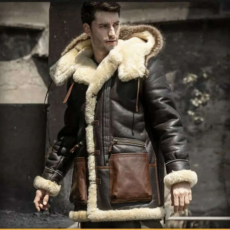 KIMLUD, Winter Men Original Fur Coat Mid-length Thickened Sheepskin Leather Coat Bomber Hooded Wool Lining Warm Snow Men's Clothing, KIMLUD Womens Clothes