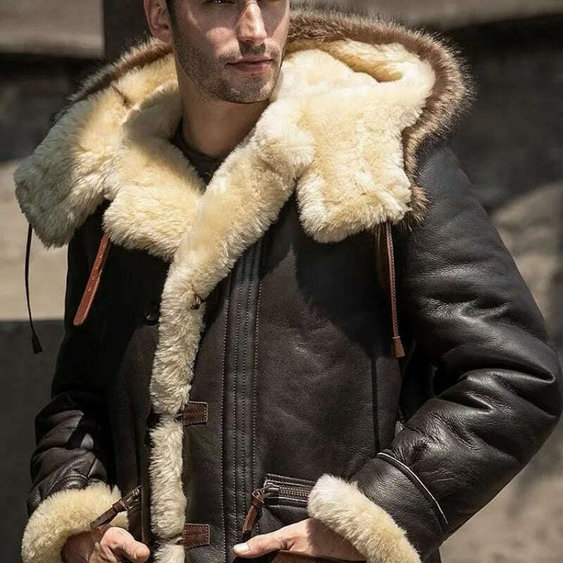 KIMLUD, Winter Men Original Fur Coat Mid-length Thickened Sheepskin Leather Coat Bomber Hooded Wool Lining Warm Snow Men's Clothing, KIMLUD Women's Clothes