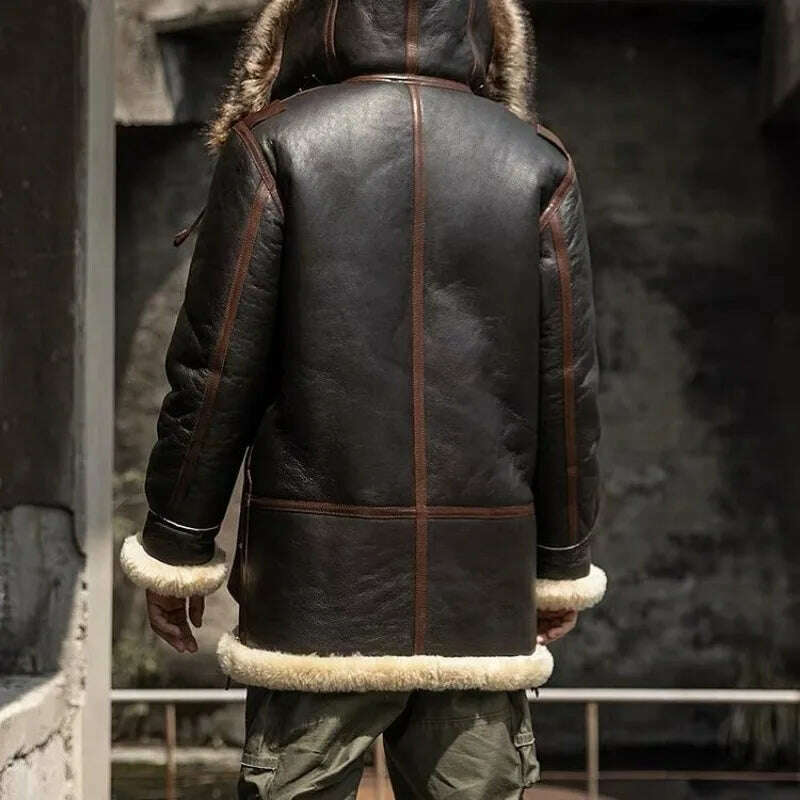 KIMLUD, Winter Men Original Fur Coat Mid-length Thickened Sheepskin Leather Coat Bomber Hooded Wool Lining Warm Snow Men's Clothing, KIMLUD Womens Clothes