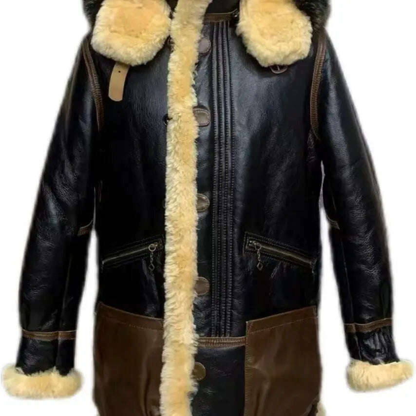 KIMLUD, Winter Men Original Fur Coat Mid-length Thickened Sheepskin Leather Coat Bomber Hooded Wool Lining Warm Snow Men's Clothing, black-brown / S, KIMLUD Women's Clothes