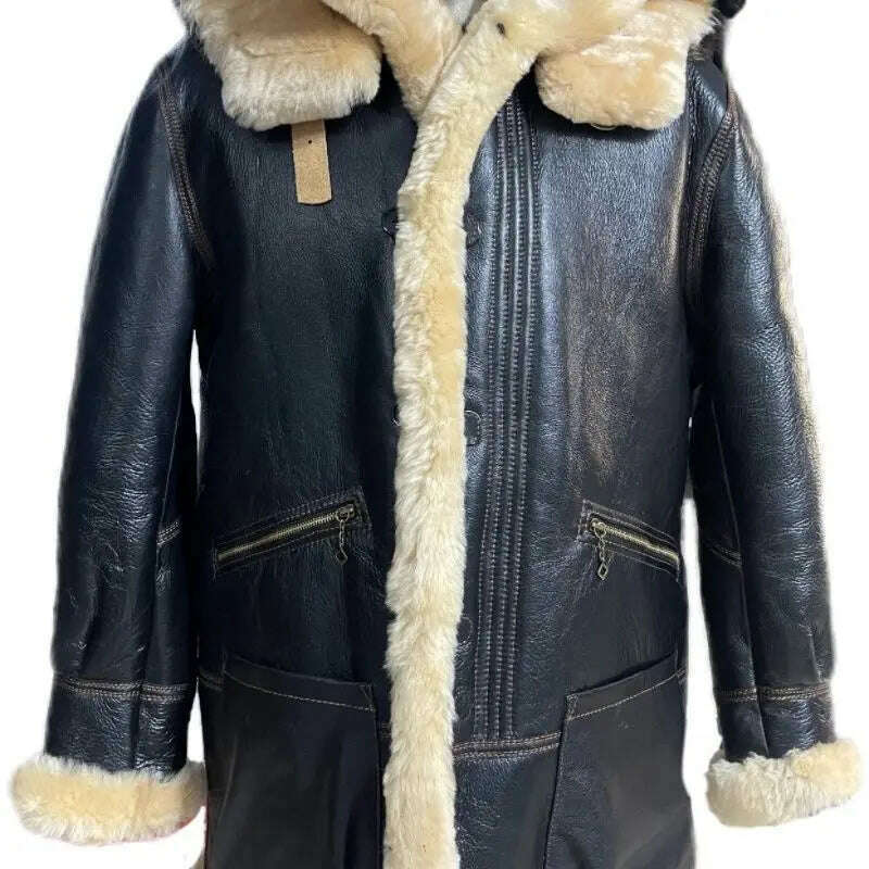 KIMLUD, Winter Men Original Fur Coat Mid-length Thickened Sheepskin Leather Coat Bomber Hooded Wool Lining Warm Snow Men's Clothing, black / S, KIMLUD Women's Clothes