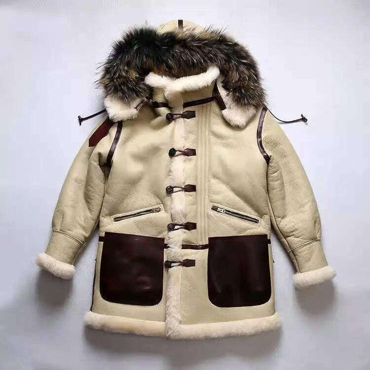 KIMLUD, Winter Men Original Fur Coat Mid-length Thickened Sheepskin Leather Coat Bomber Hooded Wool Lining Warm Snow Men's Clothing, apricot / S, KIMLUD Women's Clothes