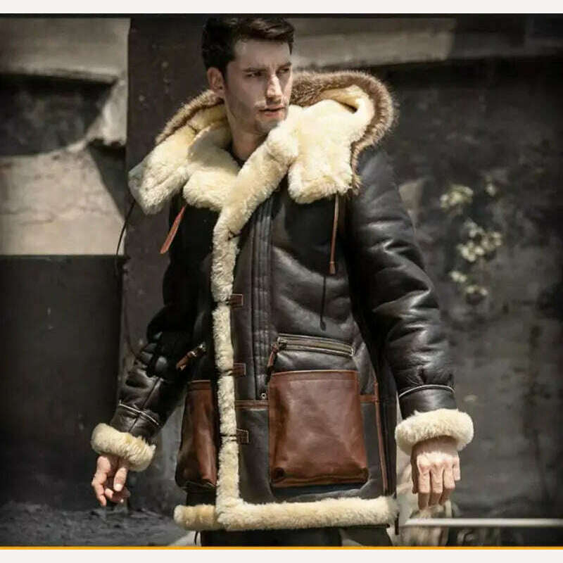KIMLUD, Winter Men Original Fur Coat Mid-length Thickened Sheepskin Leather Coat Bomber Hooded Wool Lining Warm Snow Men's Clothing, KIMLUD Women's Clothes
