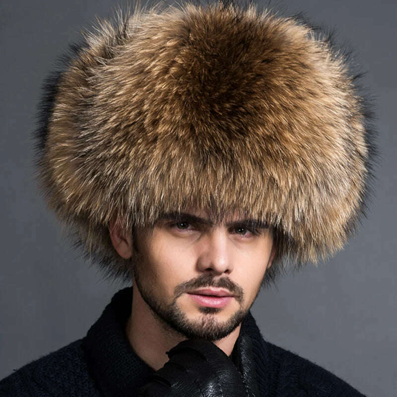 Winter Men's 100% Real Silver Fox Fur Aviator Bomber Hat Raccoon Fur Ushanka Cap Trapper Russian Man Ski Hats Caps Real Leather - KIMLUD