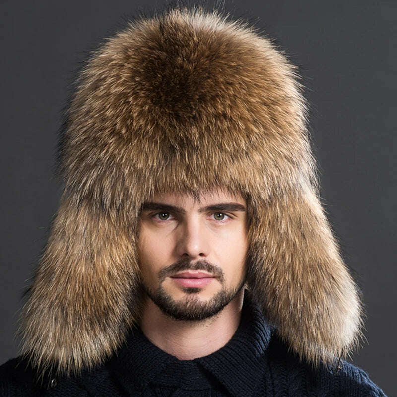 KIMLUD, Winter Men's 100% Real Silver Fox Fur Aviator Bomber Hat Raccoon Fur Ushanka Cap Trapper Russian Man Ski Hats Caps Real Leather, KIMLUD Womens Clothes