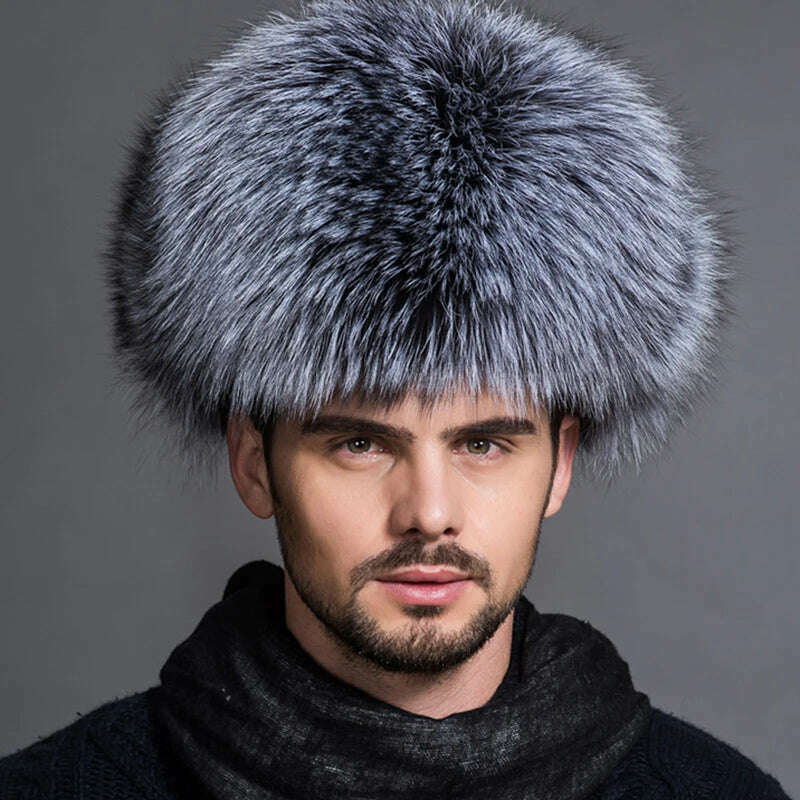 KIMLUD, Winter Men's 100% Real Silver Fox Fur Aviator Bomber Hat Raccoon Fur Ushanka Cap Trapper Russian Man Ski Hats Caps Real Leather, KIMLUD Womens Clothes