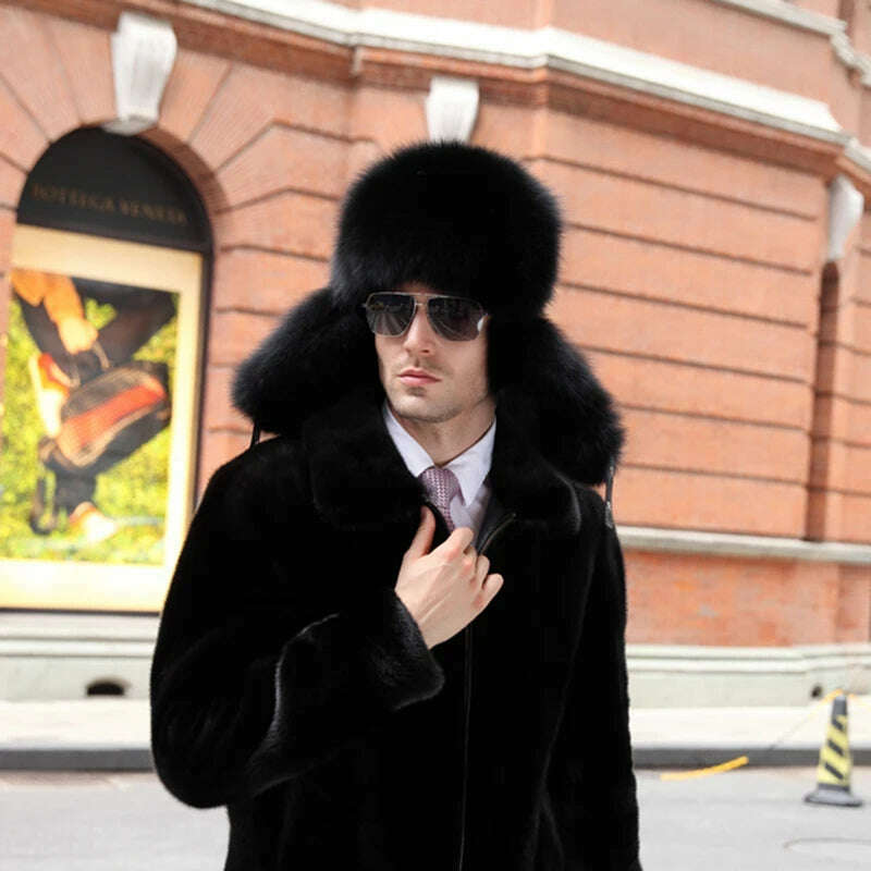 KIMLUD, Winter Men's 100% Real Silver Fox Fur Bomber Hat Raccoon Fur Ushanka Cap Trapper Russian Man Ski Hats Caps Real Leather, black / 54-56cm, KIMLUD Womens Clothes