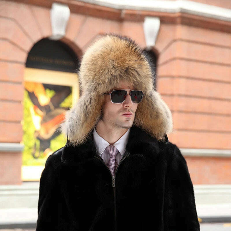 Winter Men's 100% Real Silver Fox Fur Bomber Hat Raccoon Fur Ushanka Cap Trapper Russian Man Ski Hats Caps Real Leather - KIMLUD