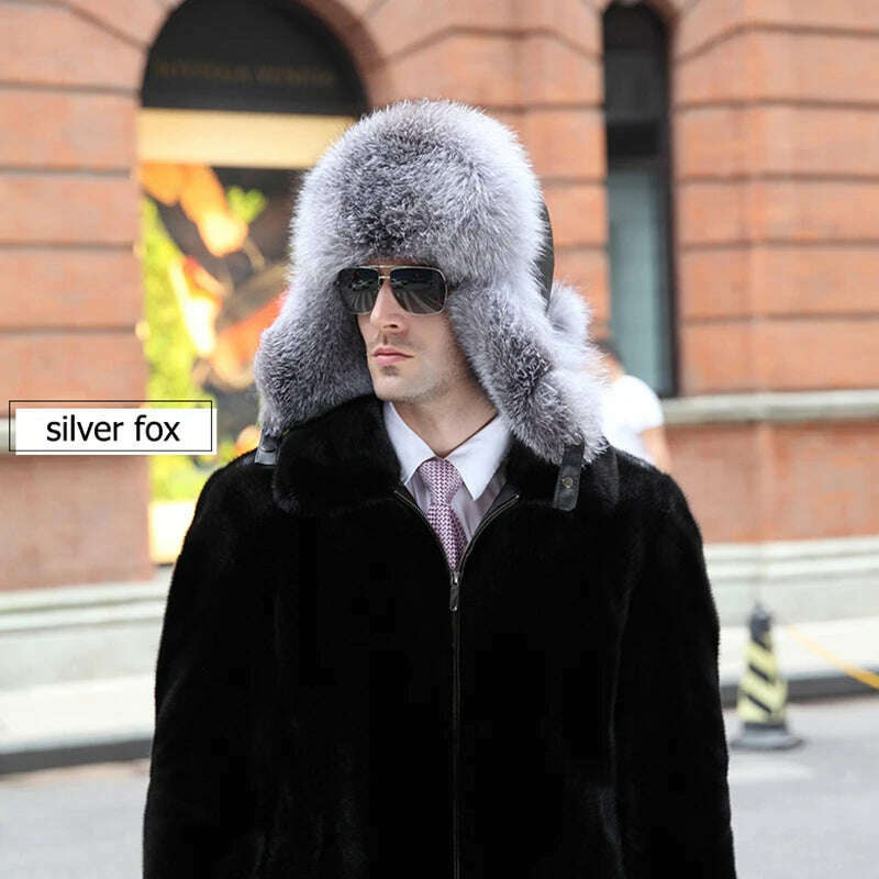 Winter Men's 100% Real Silver Fox Fur Bomber Hat Raccoon Fur Ushanka Cap Trapper Russian Man Ski Hats Caps Real Leather - KIMLUD