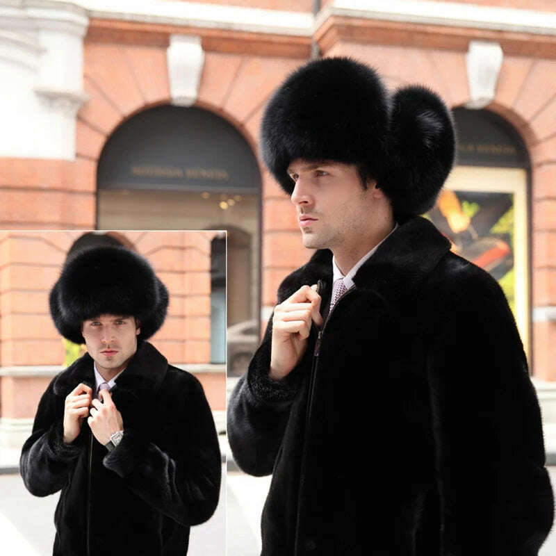 Winter Men's 100% Real Silver Fox Fur Bomber Hat Raccoon Fur Ushanka Cap Trapper Russian Man Ski Hats Caps Real Leather - KIMLUD