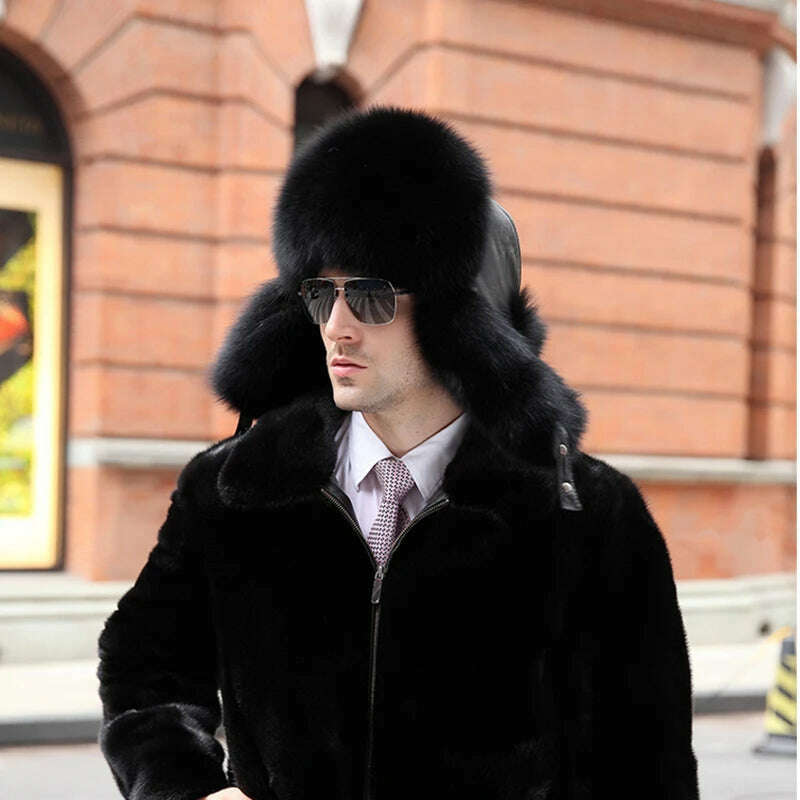 Winter Men's 100% Real Silver Fox Fur Bomber Hat Raccoon Fur Ushanka Cap Trapper Russian Man Ski Hats Caps Real Leather - KIMLUD